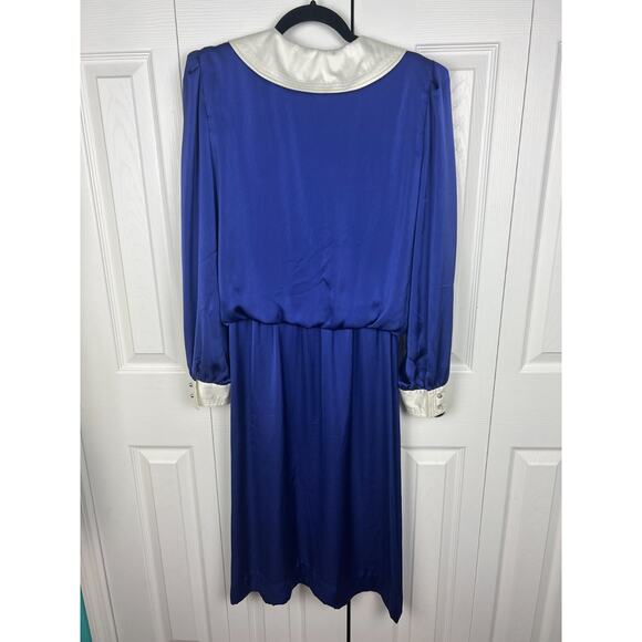 VTG 80s Leslie Fay Dress Sz 12 Blue Satin White Collar Cuffs Rhinestones Career - Picture 8 of 8